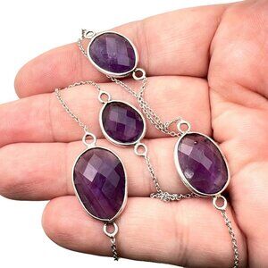 Sterling Silver Womens Station Necklace Purple Amethyst 28 Inch